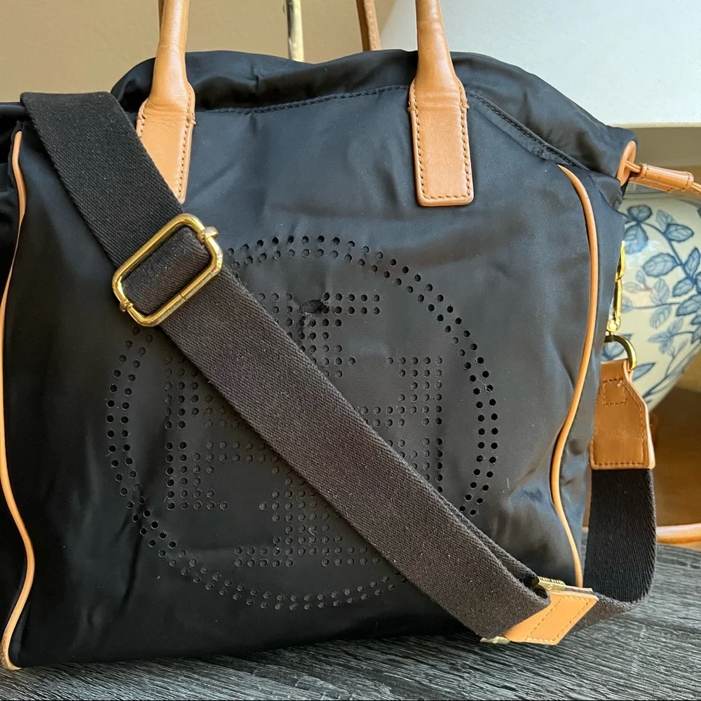 Tory Burch Perforated Logo Black Nylon Drawstring Top handle Large Crossbody